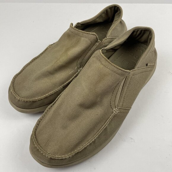 Crocs Santa Cruz Canvas Shoes Mens Size 12 Casual Slip On Loafer Tan Comfort - Picture 2 of 9